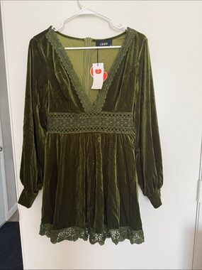 Cider Olive Velvet Lace-Trim V-Neck dress